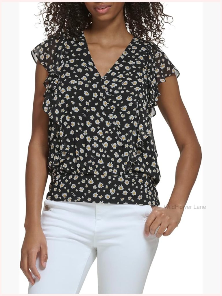 Print Floral Blouse - Short Sleeve V-Neck Blouson Top